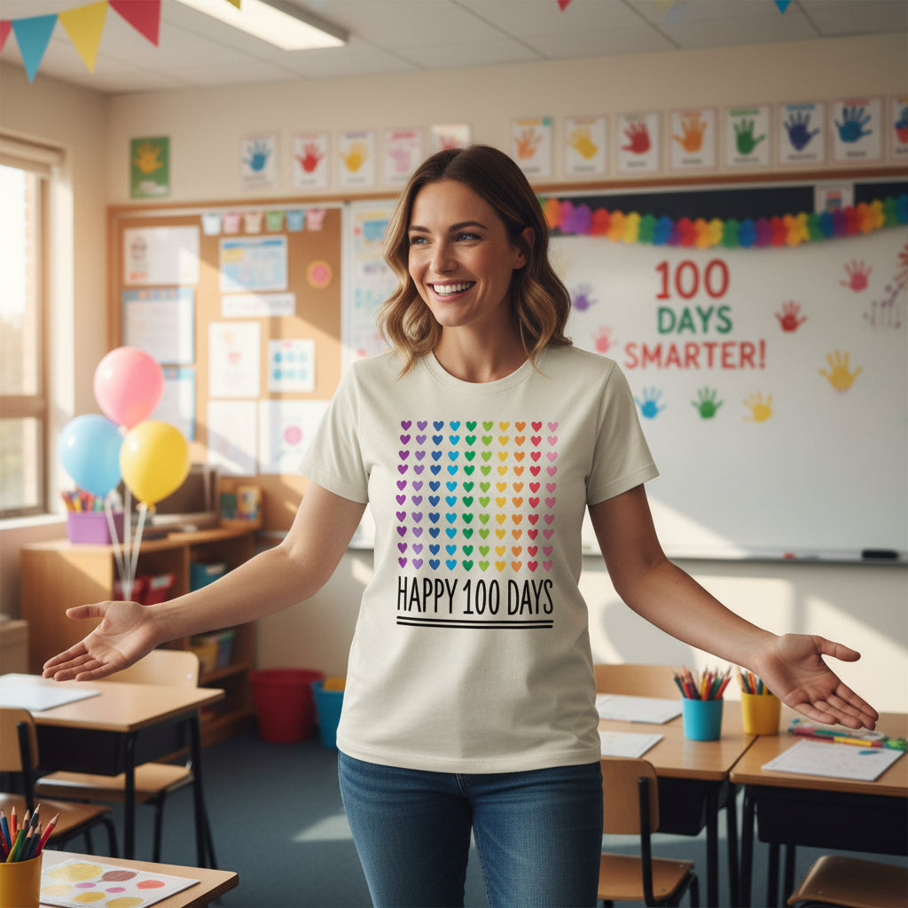 Natural coloured t-shirt with one hundred rainbow hearts above the words Happy 100 Days.
