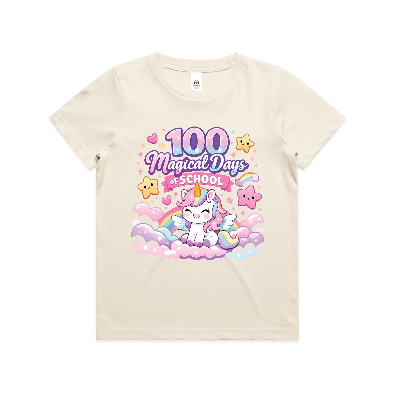A cream-colored short-sleeve t-shirt with a colorful graphic on the front that reads '100 Magical Days of School' featuring a cute cartoon unicorn on clouds with stars and hearts.