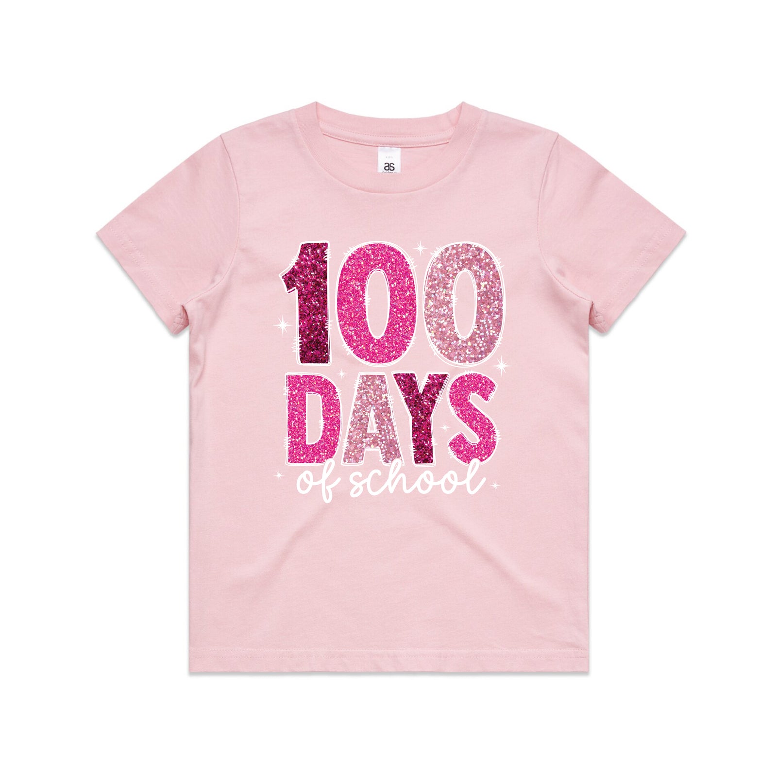 Pink kids t-shirt with a pink glitter-look 100 Days Of School design.