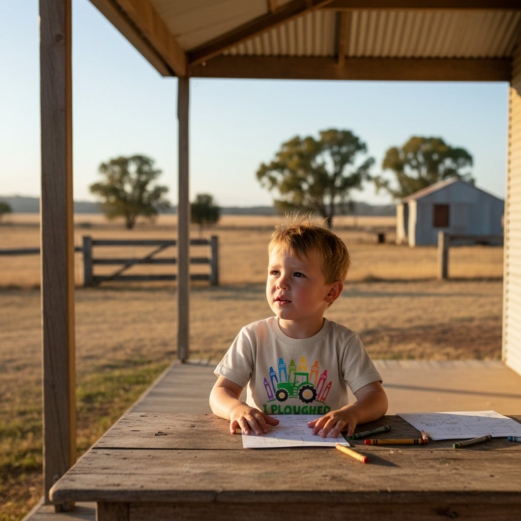 A young boy sits at a wooden table on a covered porch, wearing a white t-shirt with a colorful tractor graphic and the word 'I Ploughed Through 100 Days'. The background shows a rural outdoor scene with dry grass, trees, and a small building under warm golden-hour sunlight.