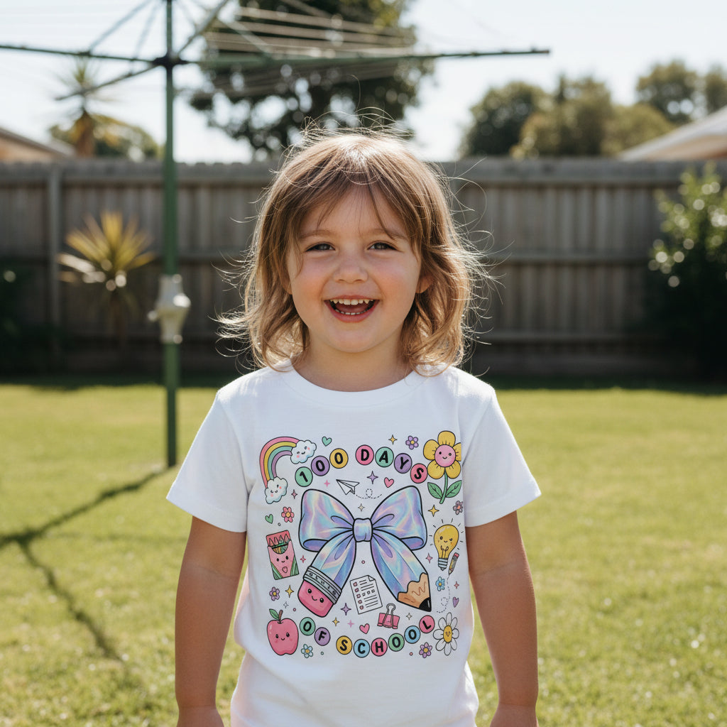 A white short-sleeve t-shirt with a colorful '100 Days of School' graphic on the front, featuring a large pastel blue bow, rainbow, flowers, and school-themed doodles.