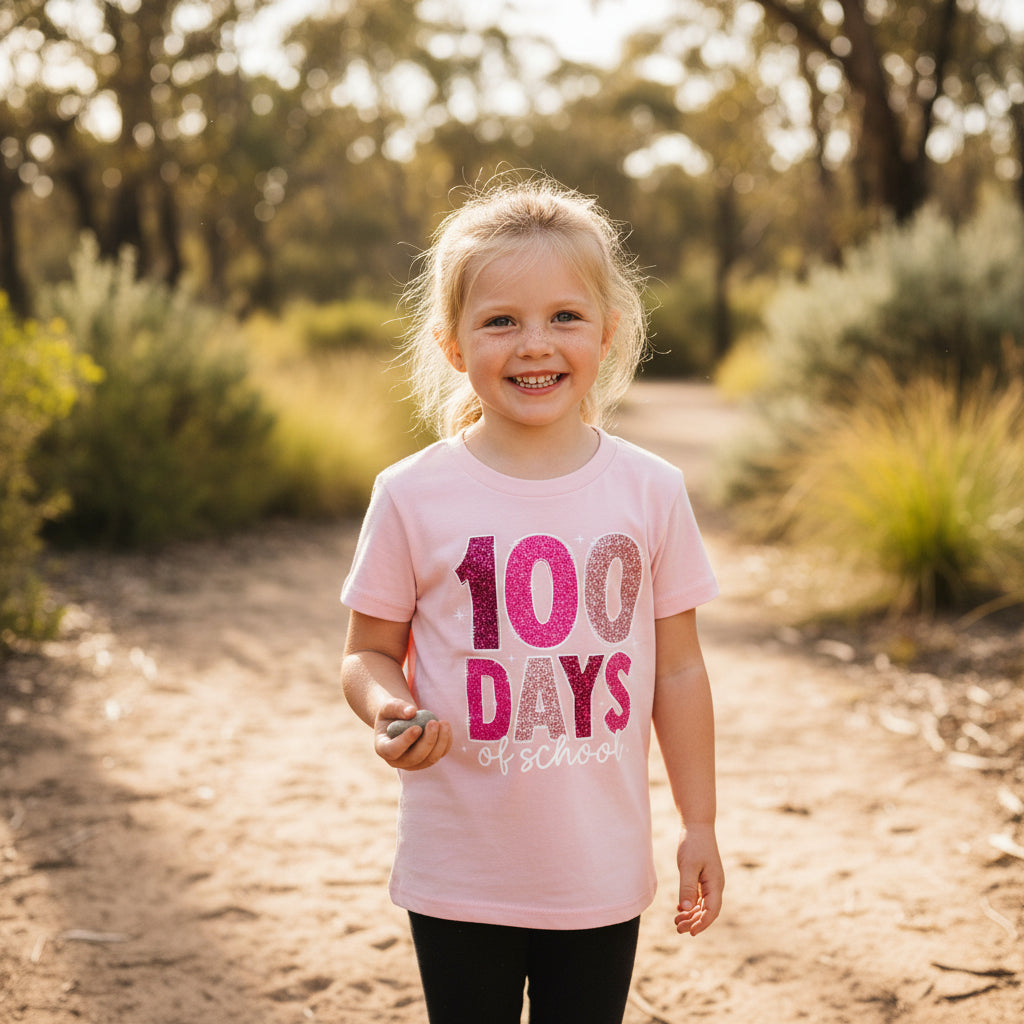 A young girl smiling on a sunlit dirt path outdoors, wearing a light pink graphic T-shirt that reads '100 DAYS of school' in glittery pink and purple lettering, paired with black leggings.