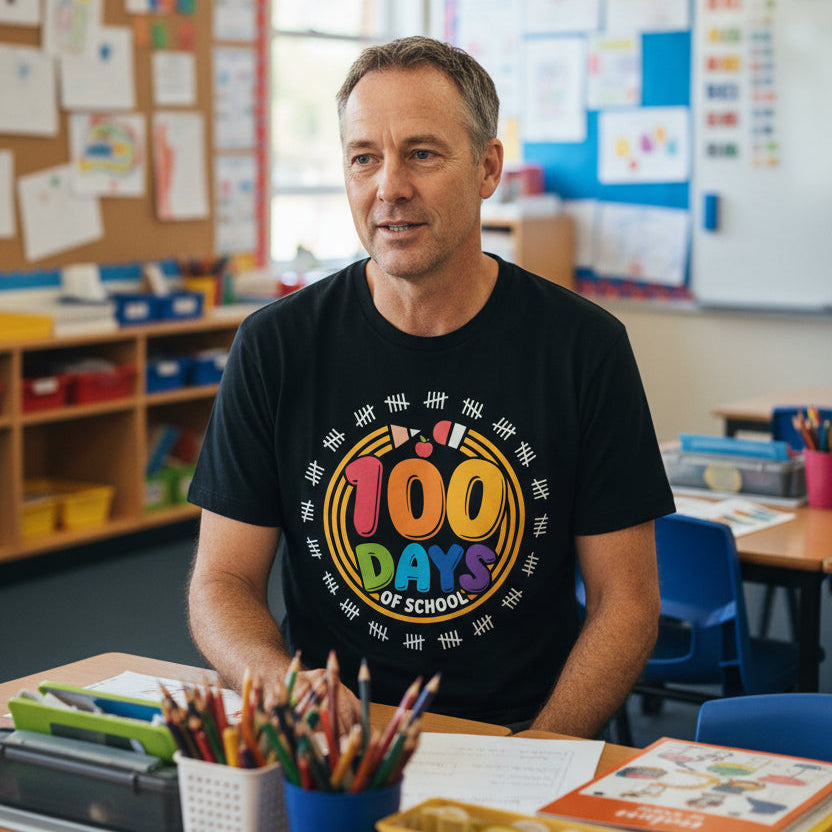 A man wearing a black graphic t-shirt with a colorful '100 Days of School' print, sitting at a desk in a classroom environment.