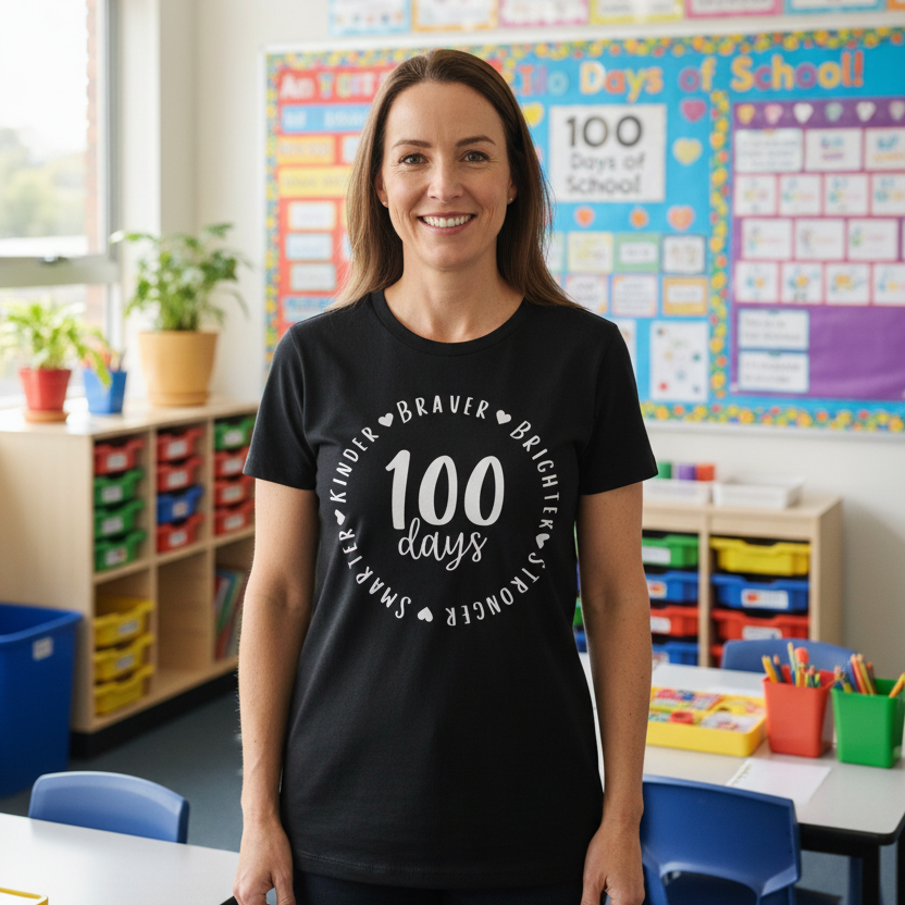 100 Days Braver Brighter Stronger Teacher T-Shirt - Minimalist