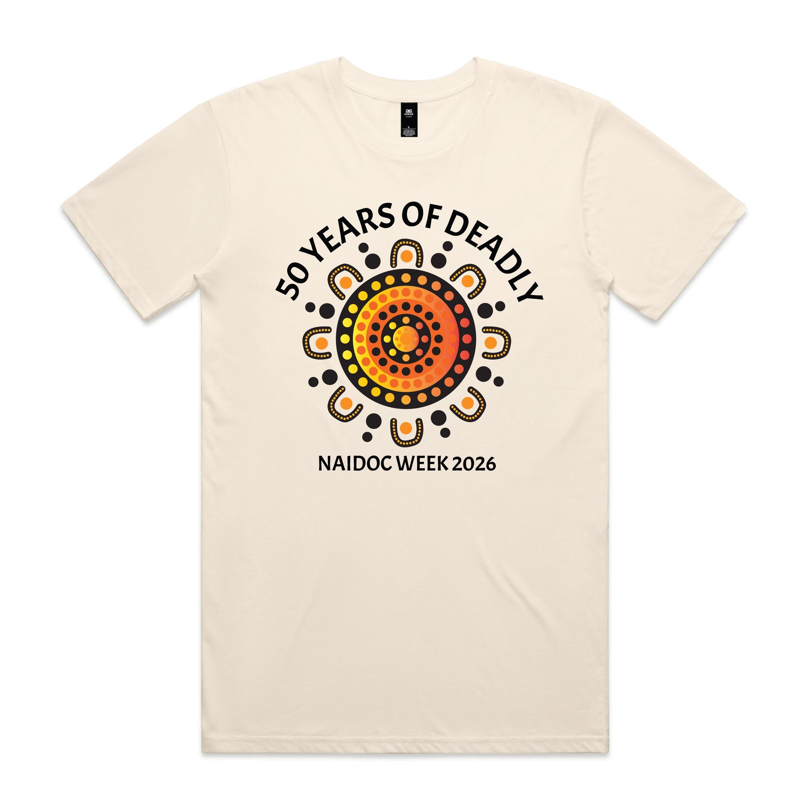 Ecru t-shirt with warm orange and yellow sunburst dot art design and 50 Years of Deadly NAIDOC Week 2026 text