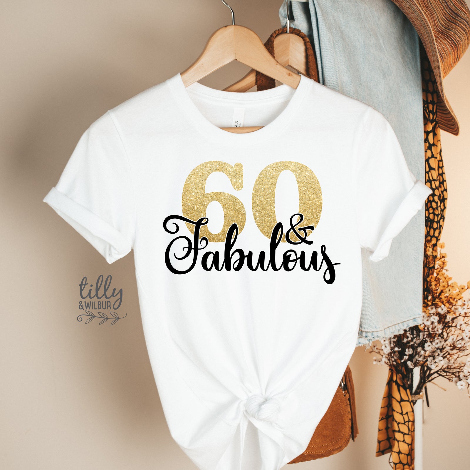 60 and Fabulous Shirt | 60th Birthday T-Shirt for Women | Gold Glitter 60 Tee | Sixtieth Birthday Party Outfit