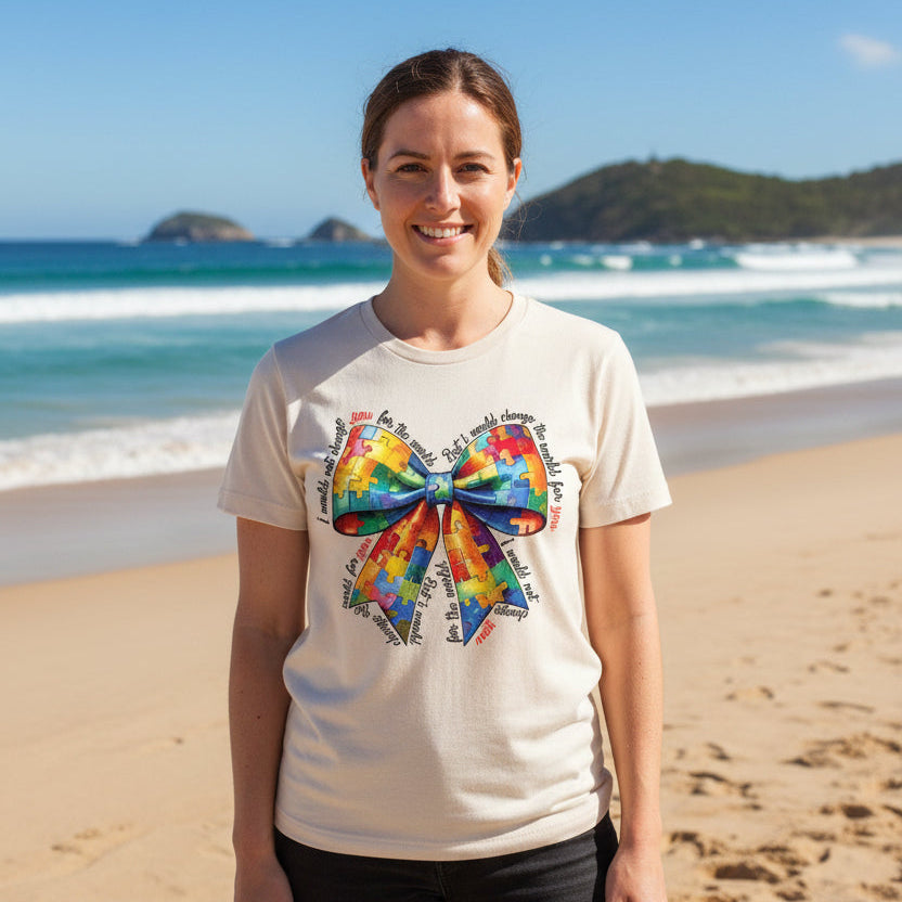 Autism awareness t-shirt Australia puzzle ribbon bow design i would change the world for you neurodiversity shirt beige tee