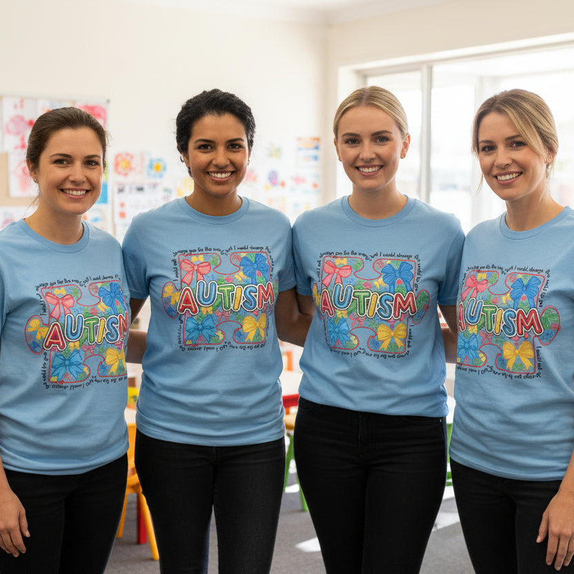 Autism awareness t-shirt Australia coquette puzzle bow design group teachers school staff matching shirts blue tee