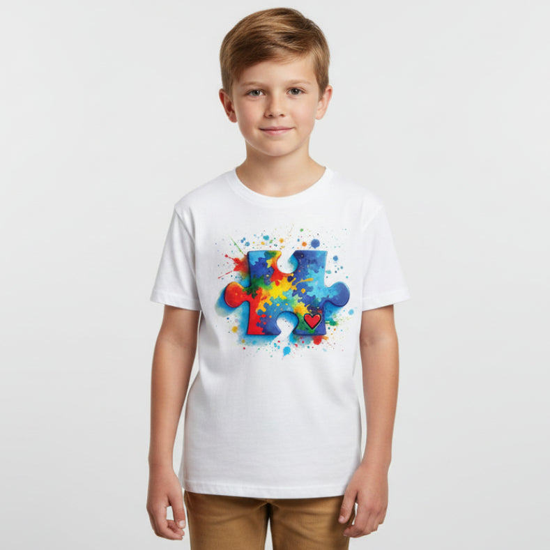 Autism awareness t-shirt Australia colourful puzzle piece paint splash design with heart neurodiversity shirt white tee