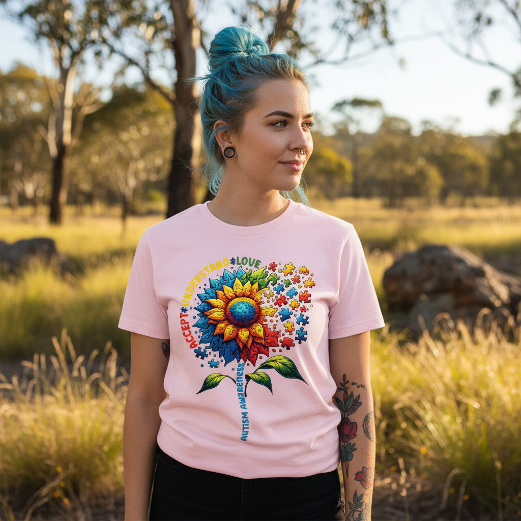 Autism awareness t-shirt Australia sunflower puzzle design accept understand love neurodiversity shirt pink tee