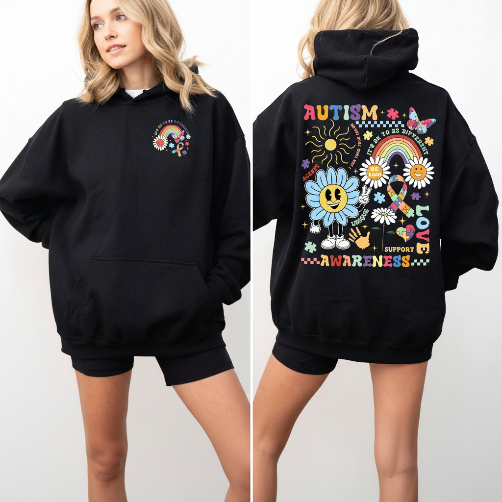 Autism awareness hoodie Australia retro rainbow smiley flower puzzle design front and back print black hoodie