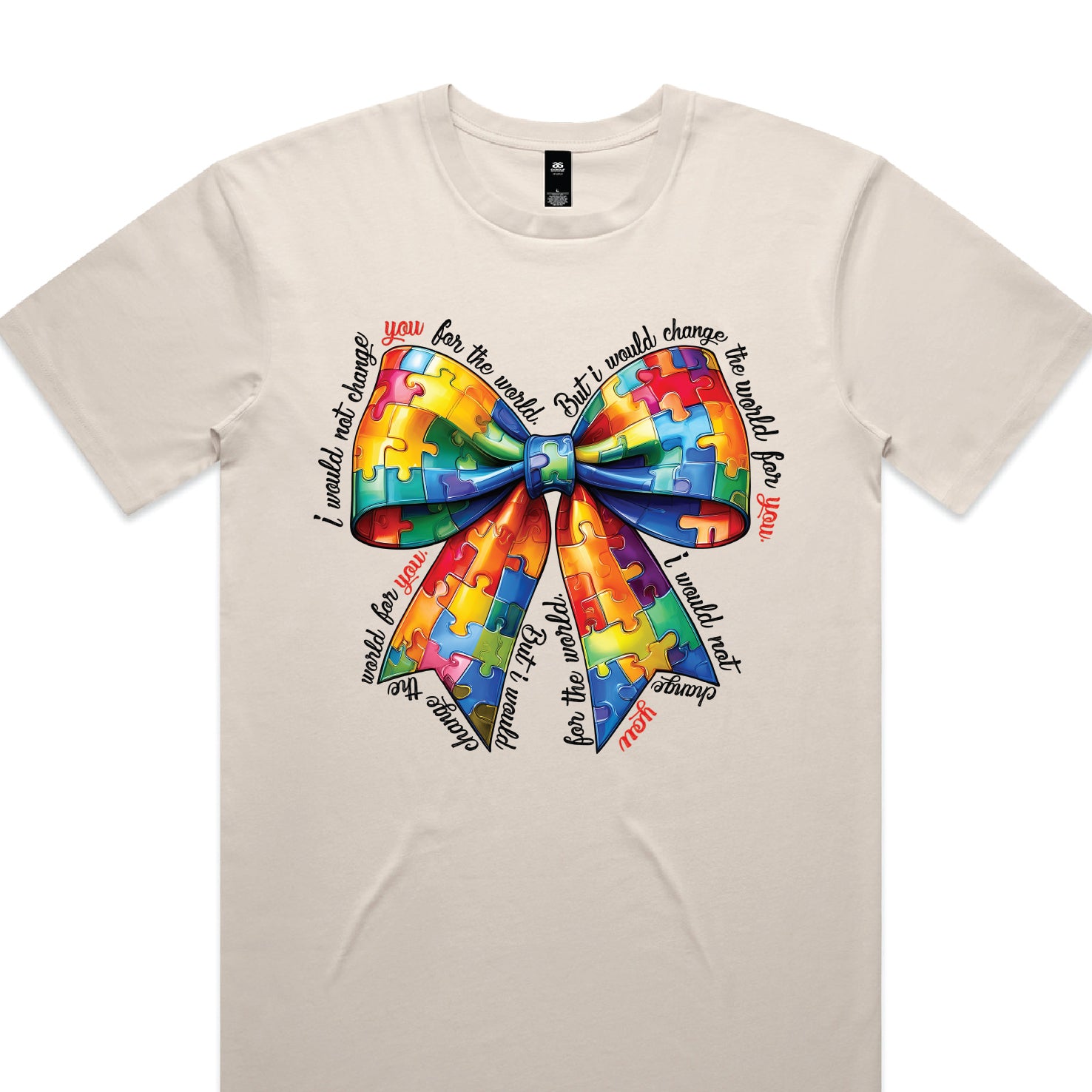 Autism awareness t-shirt Australia puzzle ribbon bow design i would change the world for you neurodiversity shirt beige tee