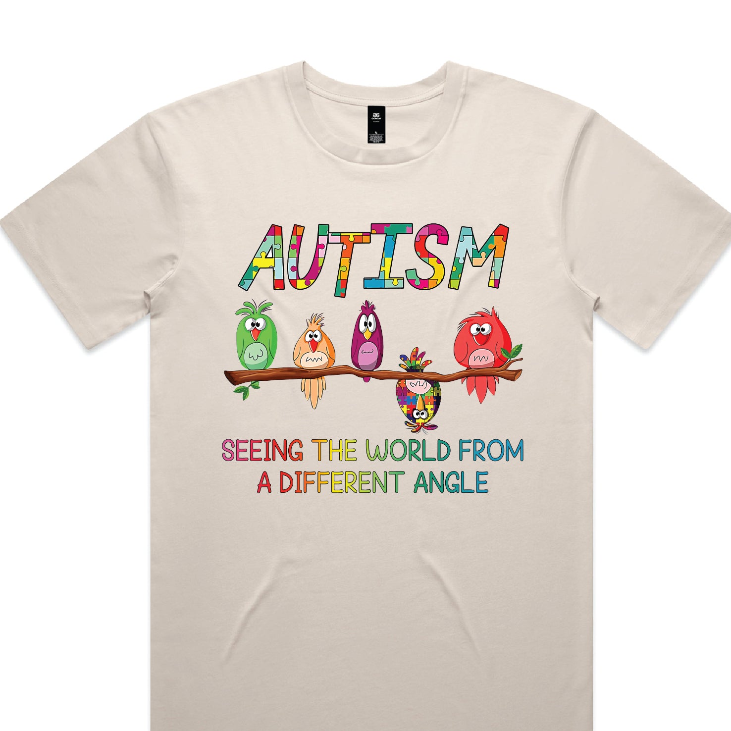 Autism awareness t-shirt Australia colourful birds design seeing the world from a different angle neurodiversity shirt beige tee