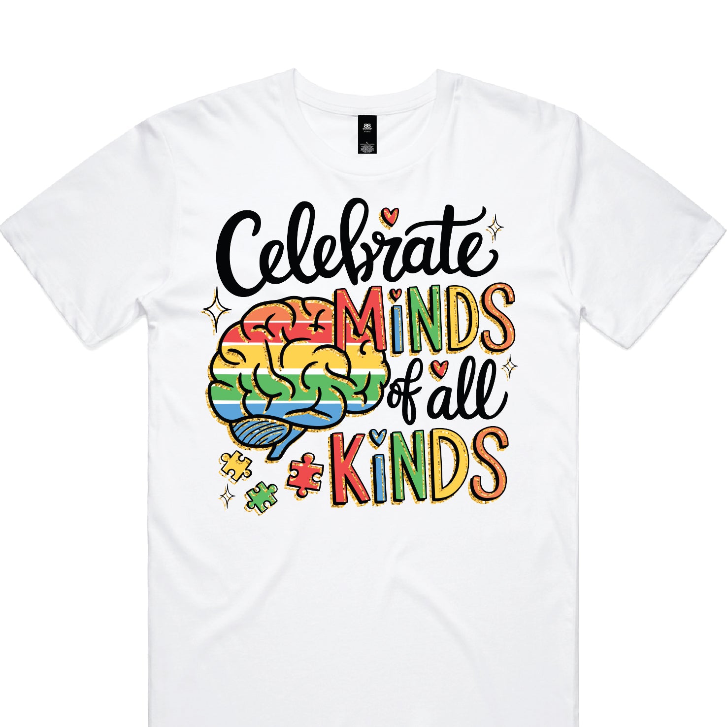 Autism awareness t-shirt Australia celebrate minds of all kinds brain puzzle design neurodiversity shirt blue tee