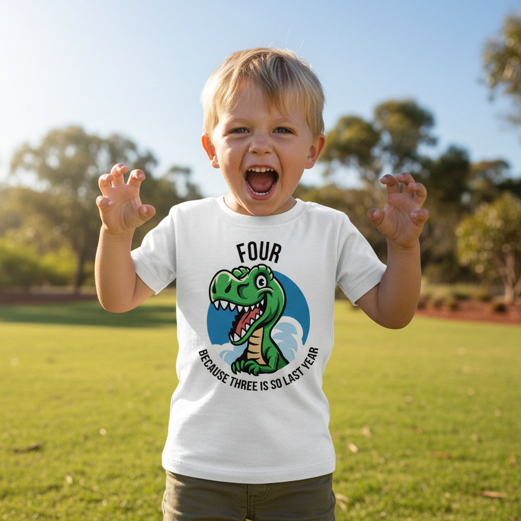 White kids t-shirt with a green T-Rex and Four Because Three Is So Last Year birthday slogan.