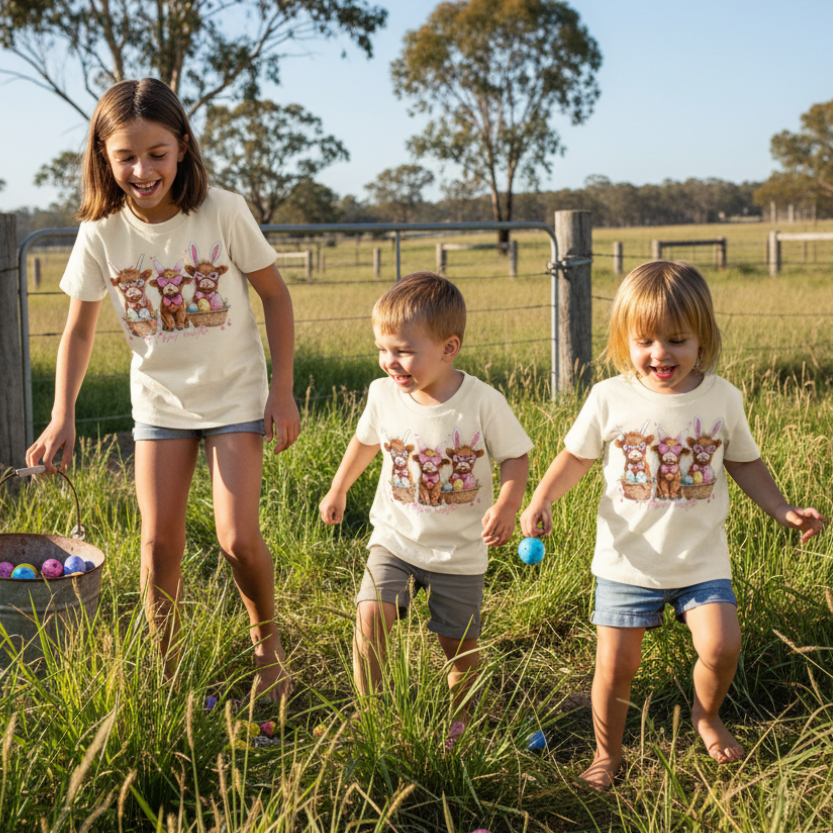 Children's t-shirt with cartoon Highland cows wearing Easter-themed glasses and baskets on a white background
