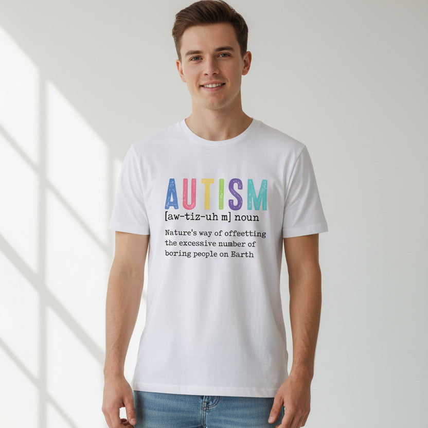 Autism awareness t-shirt Australia funny autism definition design colourful text teen neurodiversity shirt white tee