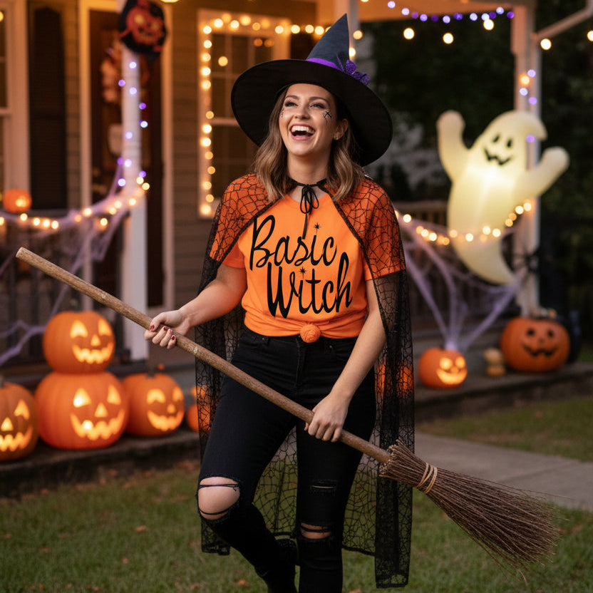 An orange graphic t-shirt with 'Basic Witch' printed in black script, styled in a flat lay with dark blue jeans, a black spider decoration, and gray webbing on a white background.