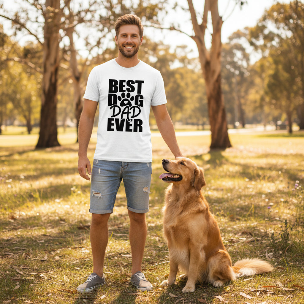 white t-shirt with a Best Dog Dad Ever design and a heart-in-the-paw print.