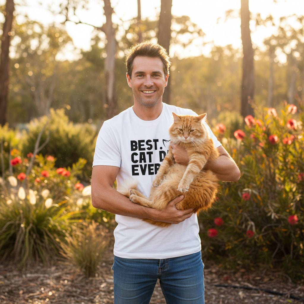 Man wearing a white Best Cat Dad Ever t-shirt standing in a backyard with a cat