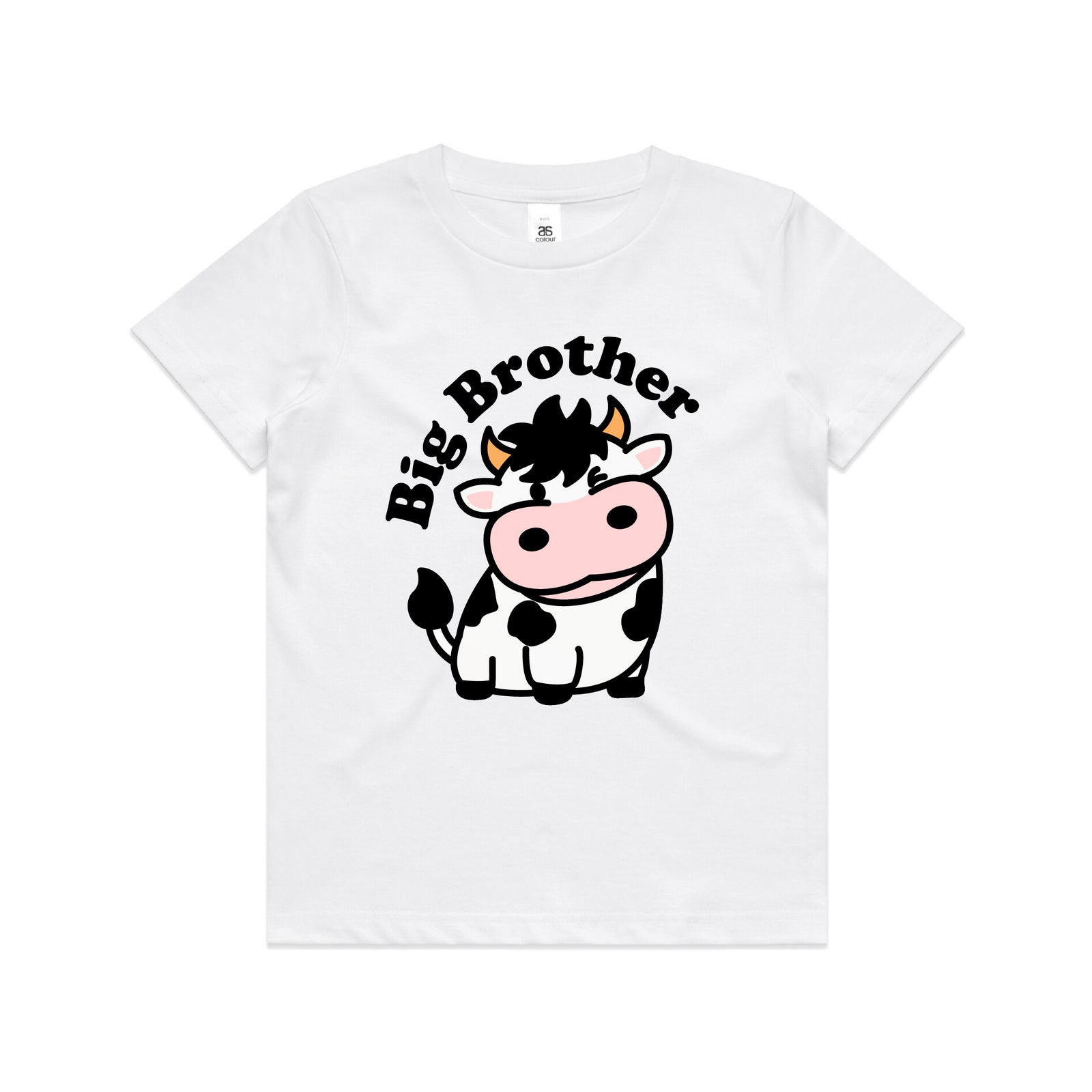 A white short-sleeve crewneck t-shirt featuring a cartoon graphic of a black and white cow with a pink snout, under the text 'Big Brother' in black arched lettering.