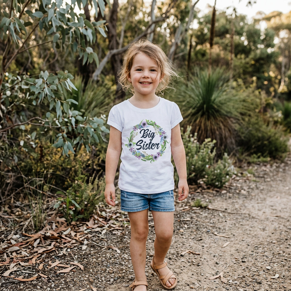 A white short-sleeve t-shirt for girls featuring a watercolor floral wreath graphic with the text 'Big Sister' in black script.