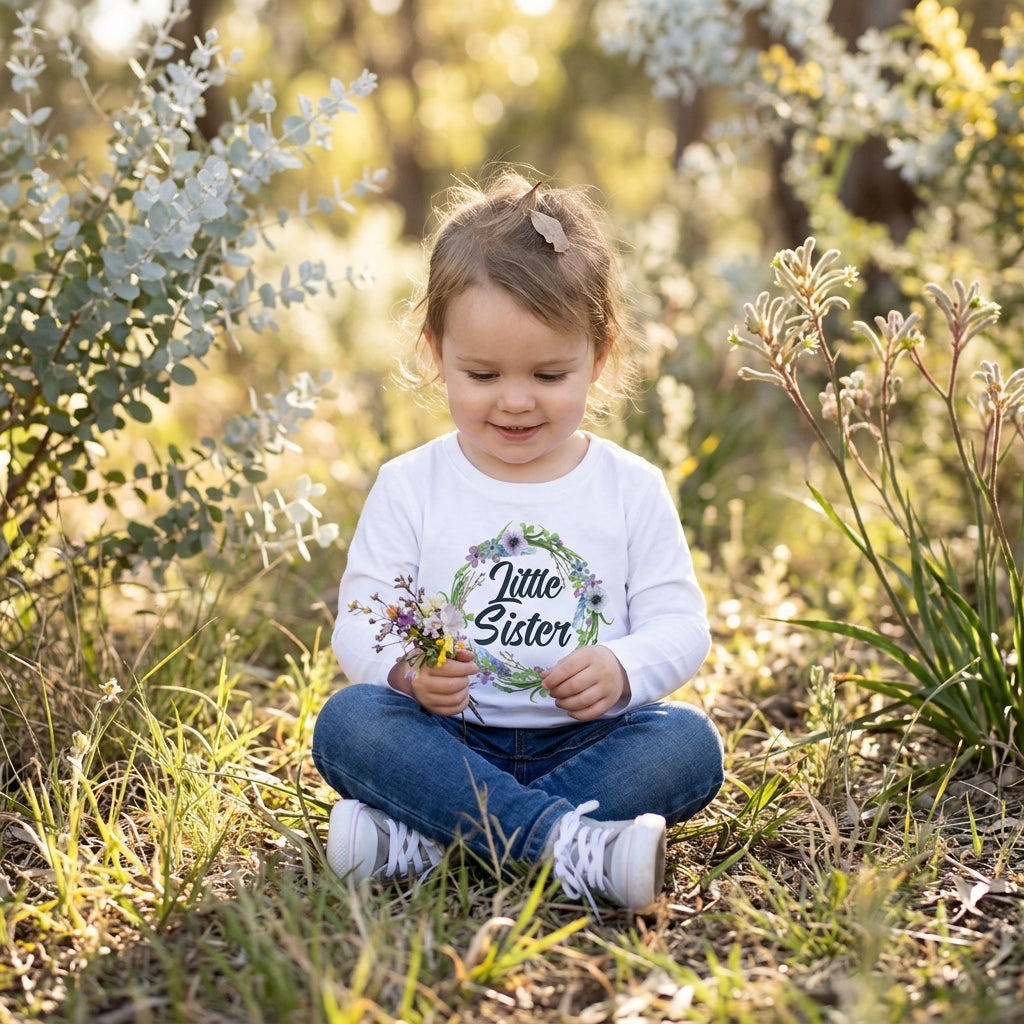 A white long-sleeve t-shirt with a 'Little Sister' floral wreath graphic, styled in a flat lay with gray sneakers and blue jeans on a white background.