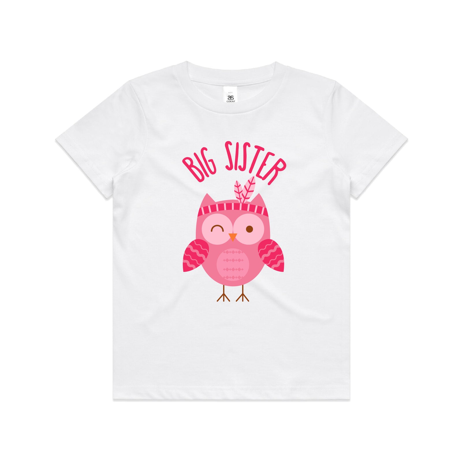 White girls t-shirt reading Big Sister with a pink owl.