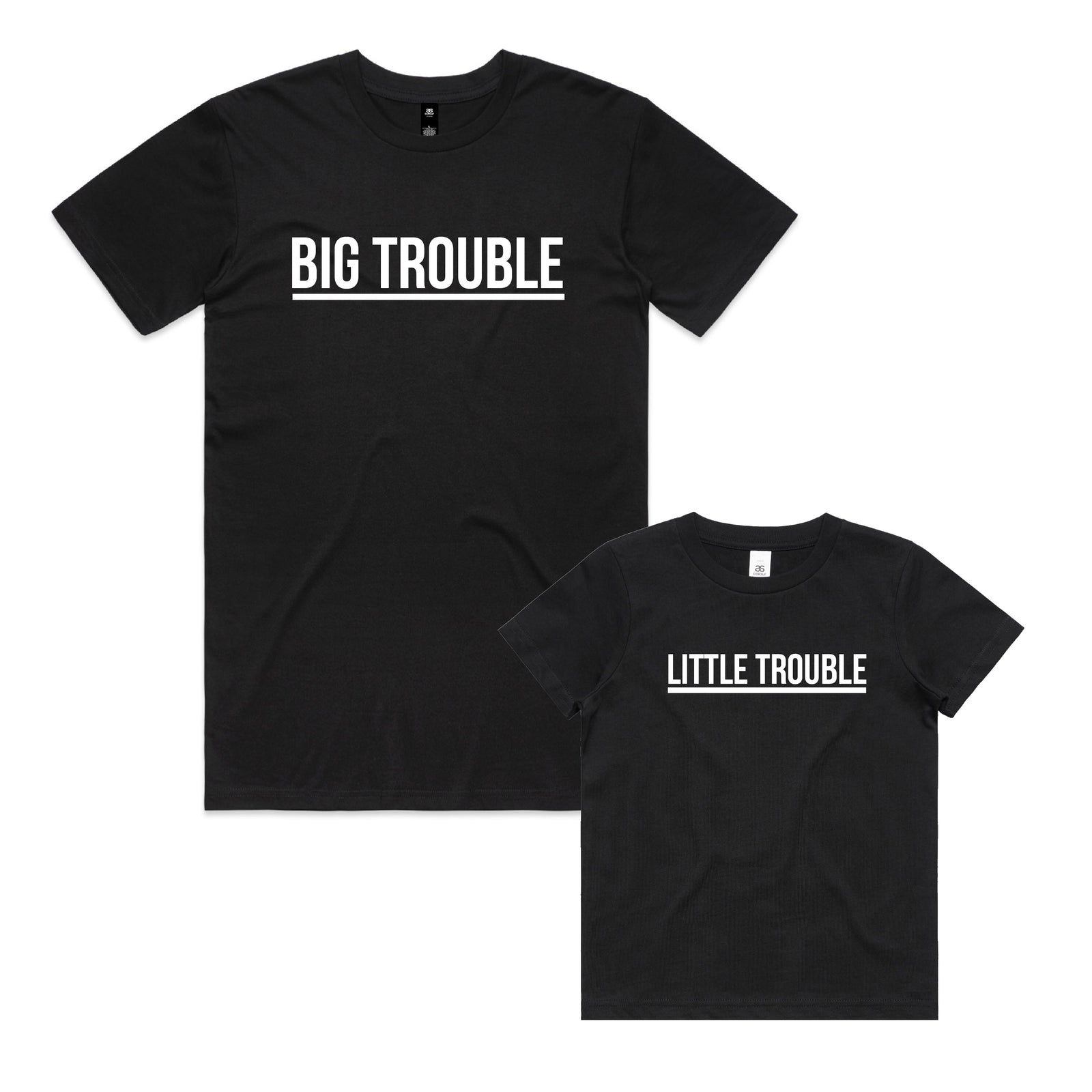 Big Trouble Little Trouble – Matching Black Dad & Son Tee