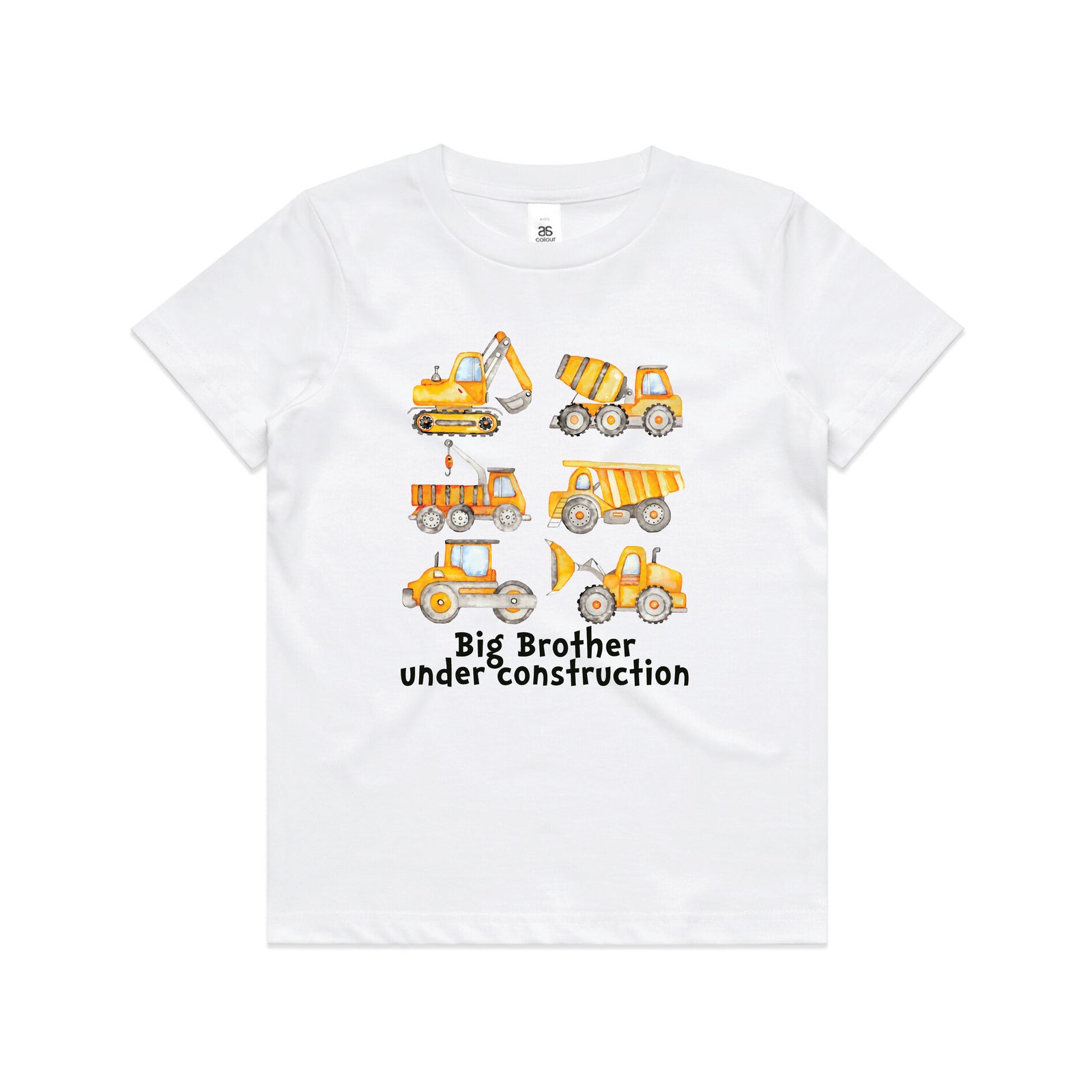 white kids t-shirt with watercolour construction vehicles and Big Brother Under Construction text.