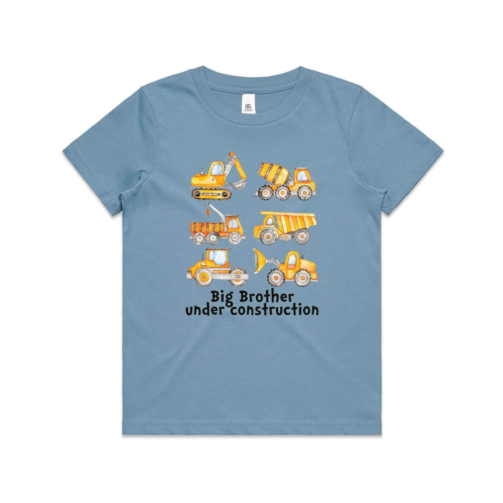 blue kids t-shirt with watercolour construction vehicles and Big Brother Under Construction text.