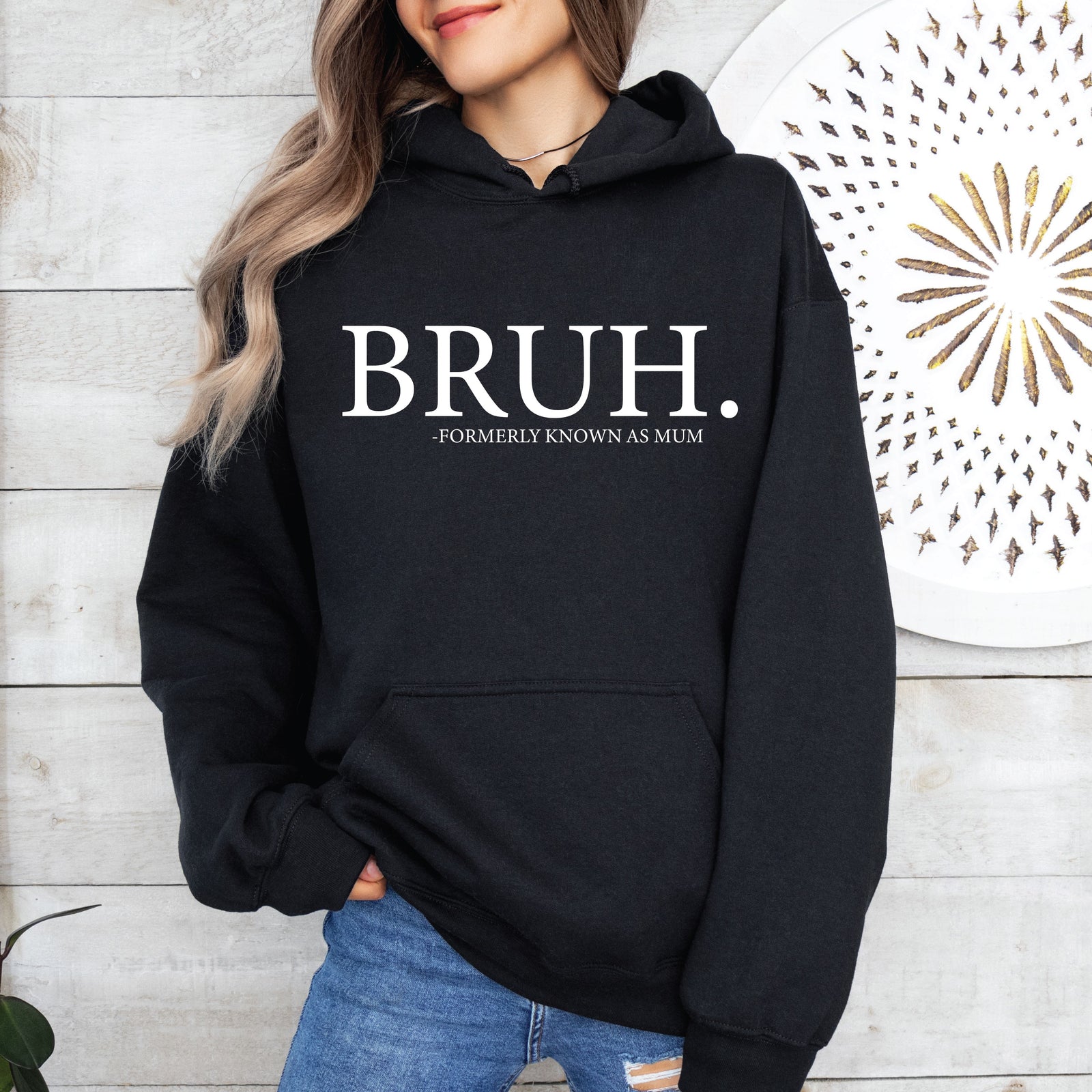 Bruh formerly known as mum hoodie in black, funny mum slogan jumper, relaxed fit women’s crewneck Australia