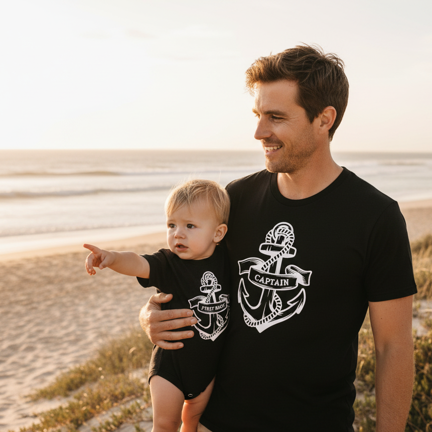 A man and a baby standing on a beach dune at sunset, both wearing matching black t-shirts with a white anchor graphic and the words 'CAPTAIN' and 'FIRST MATE'.