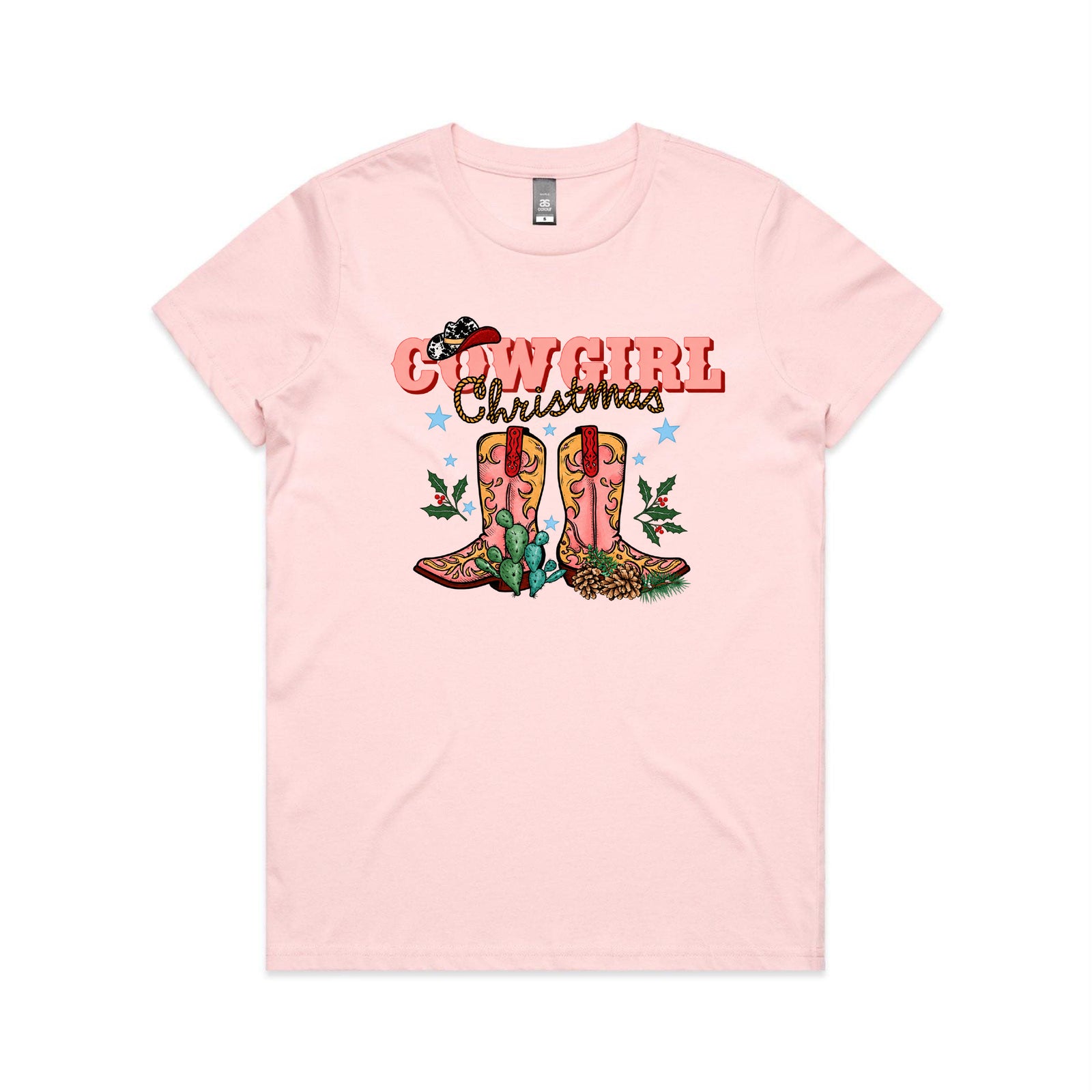 T-shirt with a Cowgirl Christmas design featuring pink western boots, a cow print hat, cactus and holly.