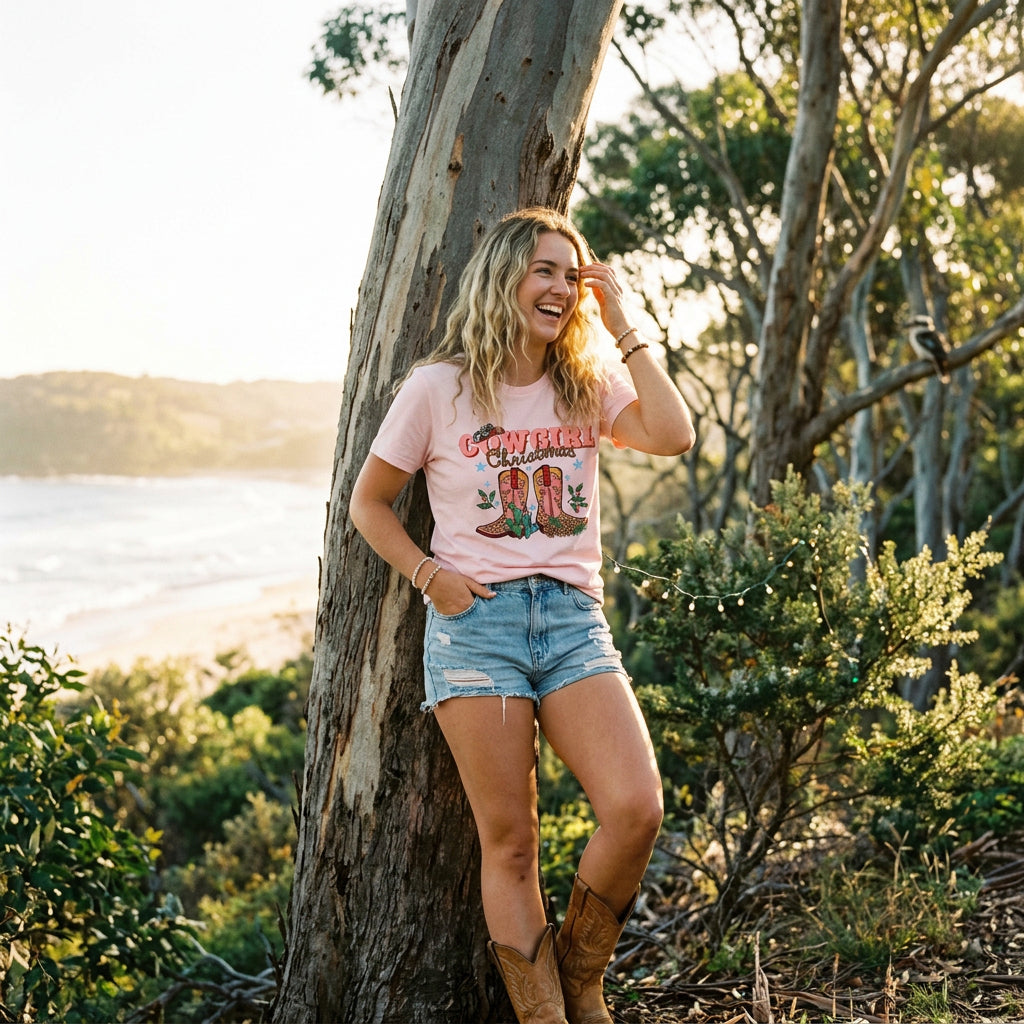 T-shirt with a Cowgirl Christmas design featuring pink western boots, a cow print hat, cactus and holly.