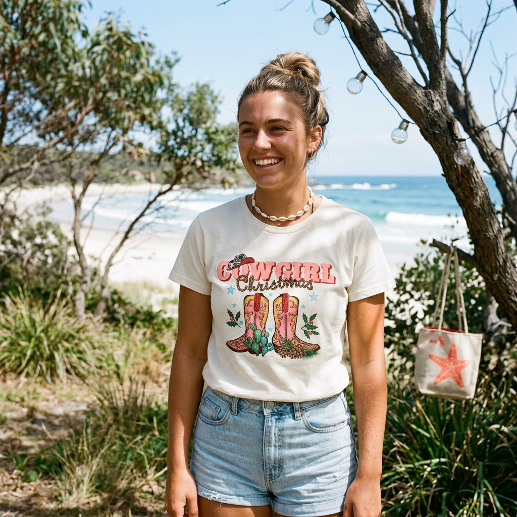 T-shirt with a Cowgirl Christmas design featuring pink western boots, a cow print hat, cactus and holly.