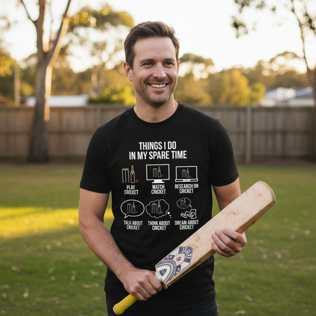 Black t-shirt reading Things I Do In My Spare Time with six cricket icons for play, watch, research, talk, think and dream about cricket.