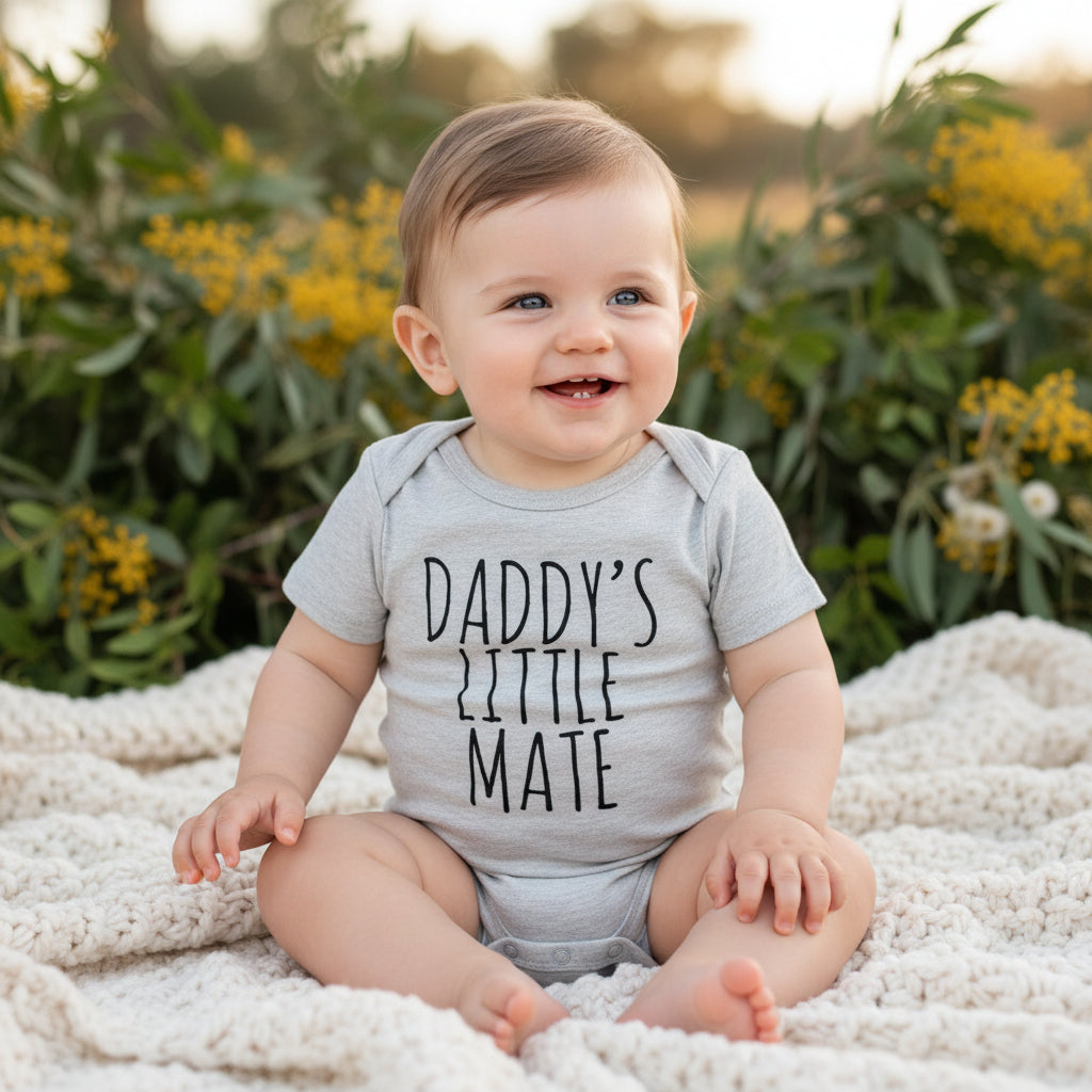 Grey baby bodysuit with tall handwritten text reading Daddy's Little Mate.