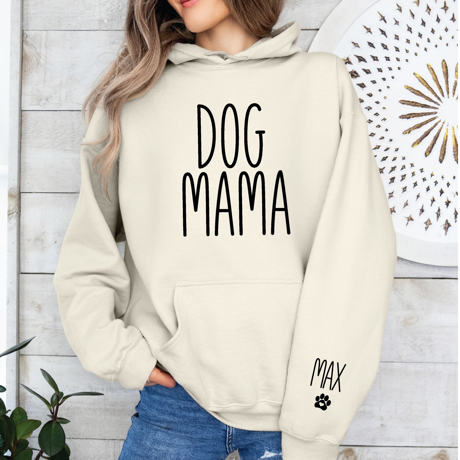 Dog Mama with Doggy Names on Sleeve