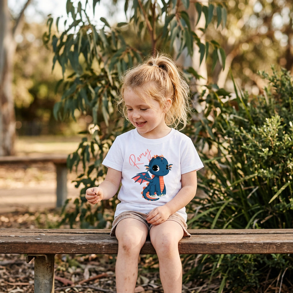 White kids t-shirt with a cute blue baby dragon and a personalised name in pink script.