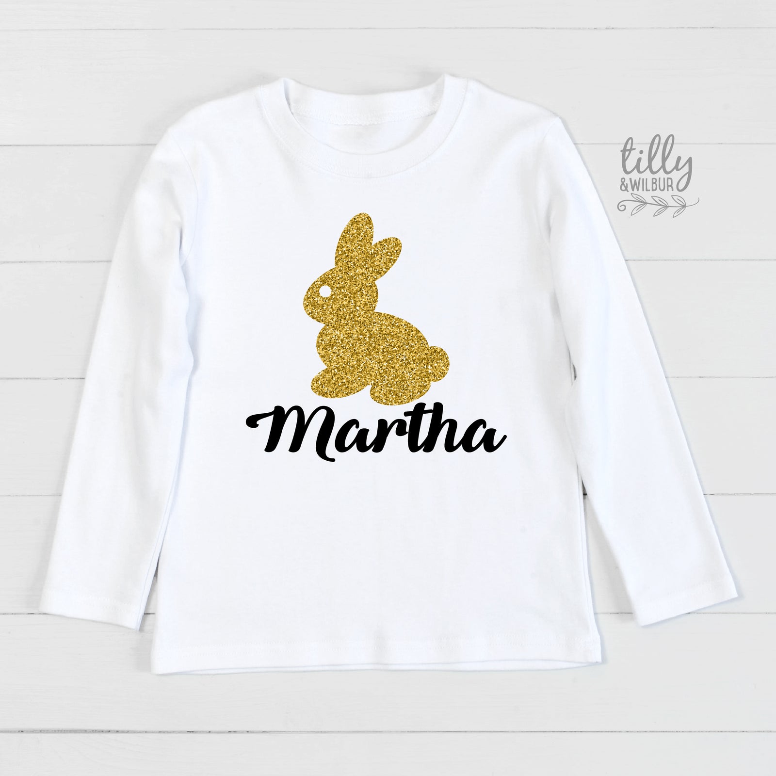 Personalised Gold Bunny Easter Shirt – Faux Glitter Bunny Name Top for Girls, Babies & Kids