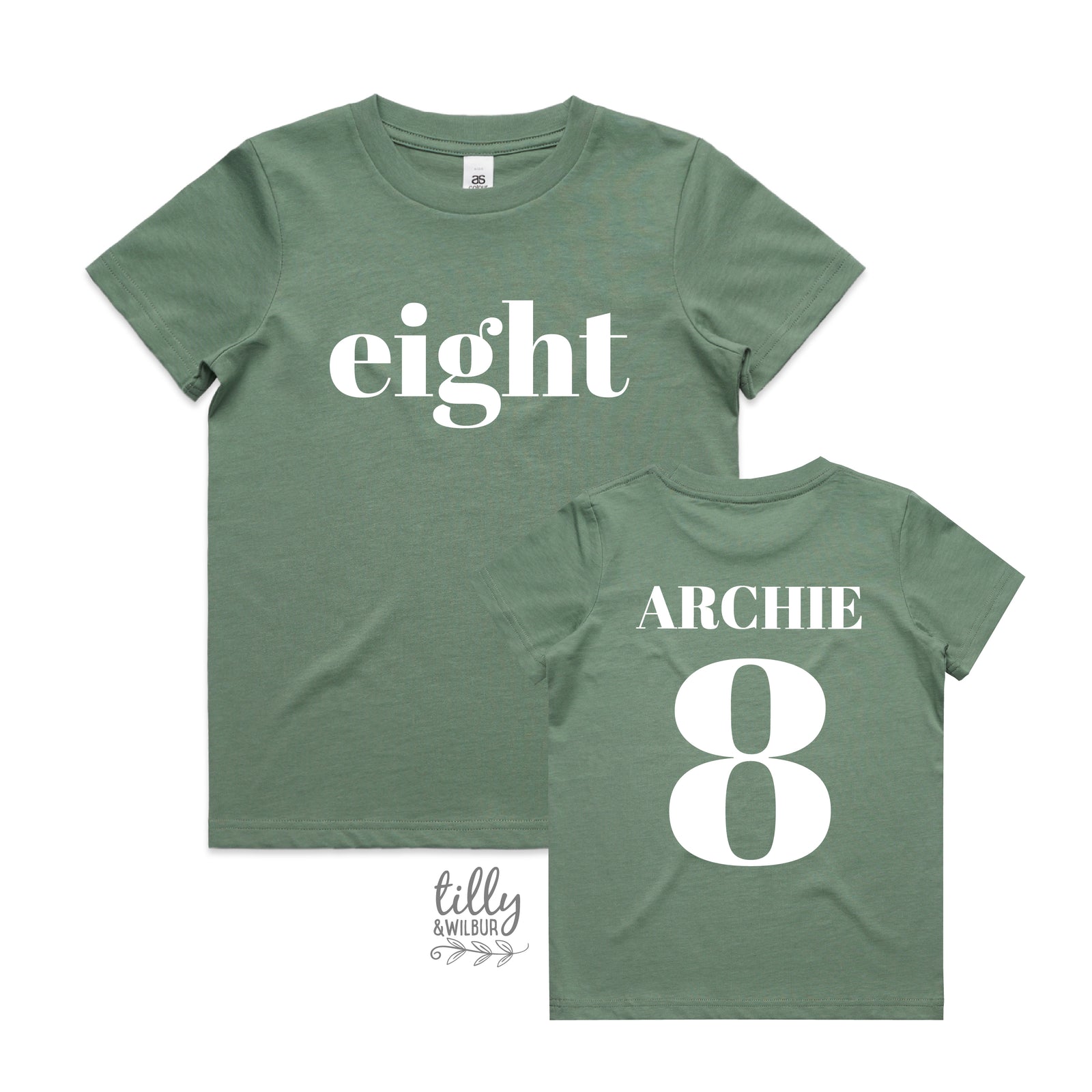 Boy wearing personalised eighth birthday t-shirt with eight on front and nameand number 8 on back