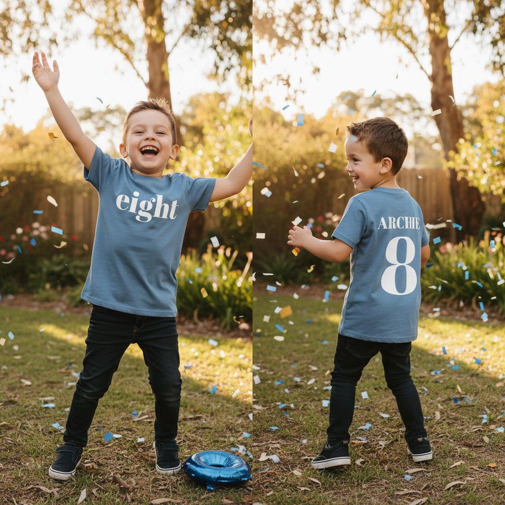 Boy wearing personalised eighth birthday t-shirt with eight on front and nameand number 8 on back