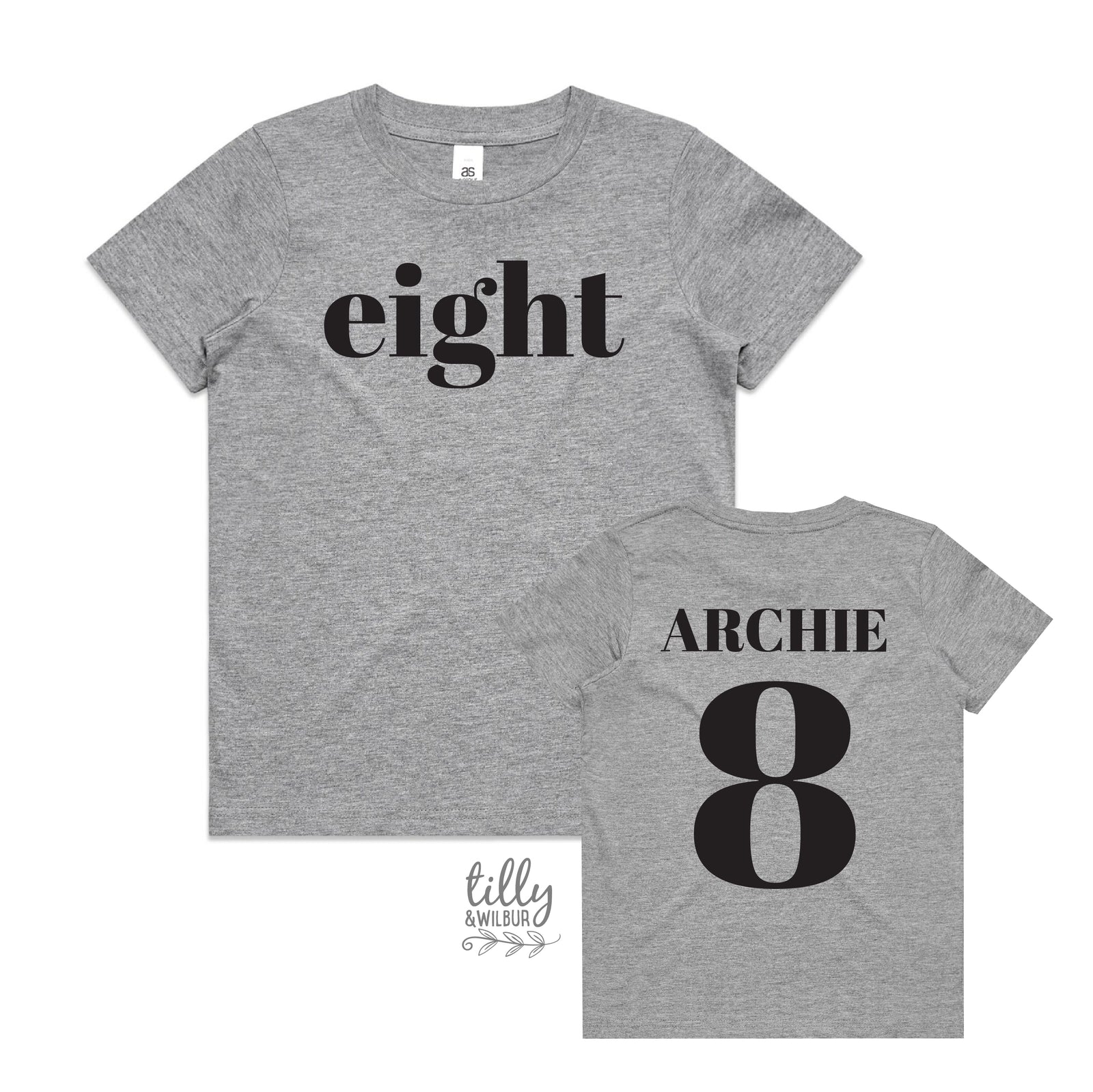 Boy wearing personalised eighth birthday t-shirt with eight on front and nameand number 8 on back