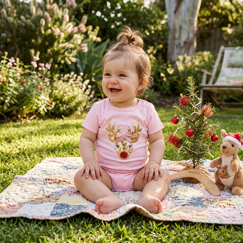 A light pink short-sleeve baby bodysuit featuring a sequined Rudolph the Red-Nosed Reindeer graphic on the front, displayed flat against a white background.