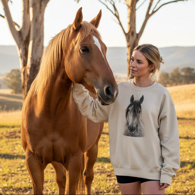 horse illustration sweatshirt, minimalist horse drawing jumper, equestrian clothing australia, horse lover gift sweater neutral aesthetic