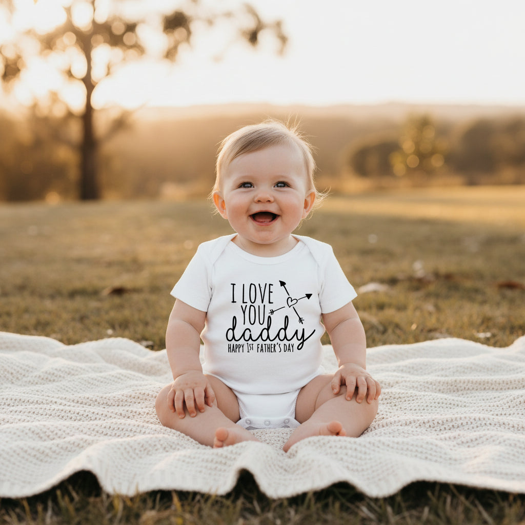 A white short-sleeve baby bodysuit laid flat on a light surface, printed with the phrase 'I LOVE YOU daddy HAPPY 1st FATHER'S DAY' in black lettering with a small heart and arrow graphic. The bodysuit is styled with a beige textured cloth, green leaves, and round wooden slices.