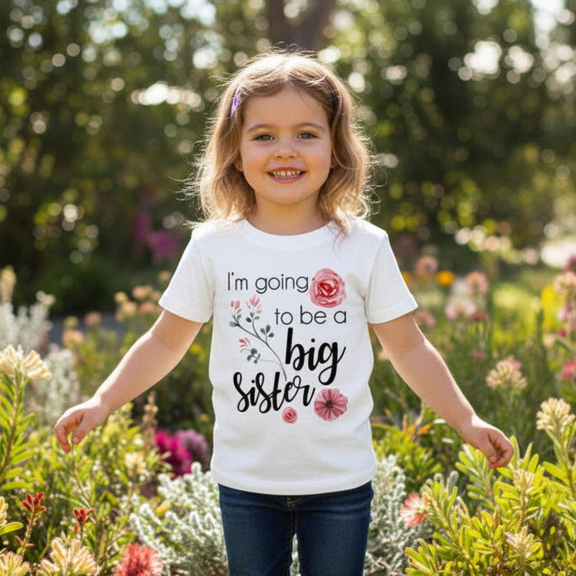 Child wearing floral big sister announcement shirt outdoors
