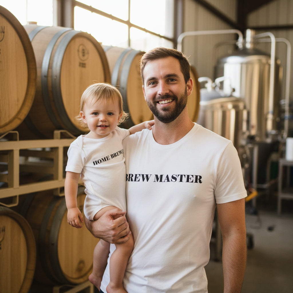 Dad and baby at a brewery in matching white tops that read Brew Master and Home Brewed.