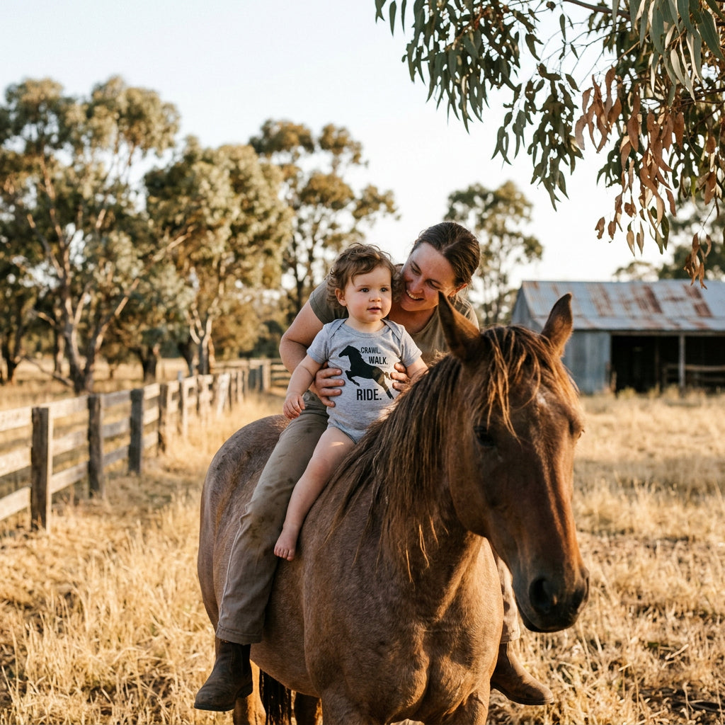 Baby bodysuit with a galloping horse silhouette and the words Crawl Walk Ride.
